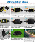 Installation steps for Outdoor IP68 Waterproof Junction Box 2 Way Weatherproof Electrical Enclosure For Underground Coaxial And Power Cables Fits 5 To 15mm Wires Black Tough As Nails Weatherproof Box with visual instructions.