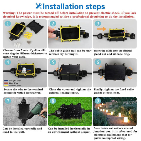 Installation steps for Two Pack Waterproof IP68 Outdoor Junction Box 2 Way Enclosure For Underground Lines Coaxial Cable.