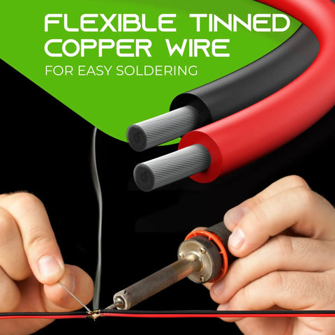 Soldering with 12 Gauge Bonded Silicone Wire 100 Ft Black Red 2 Conductor Hookup Cable showing flexible tinned copper strands