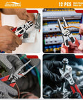 Close-up of Beefy 12 Piece Hand Tool Set With Toolbox For Home Garage And Diy Includes CRV Pliers in use for electrical and mechanical tasks