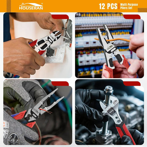 Close-up of Beefy 12 Piece Hand Tool Set With Toolbox For Home Garage And Diy Includes CRV Pliers in use for electrical and mechanical tasks