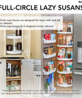 Full Circle Lazy Susan display in kitchen cabinets, showcasing storage solutions for pots, pans, and pantry items. Top Shelf 20 Inch Double Lazy Susan For Upper Corner Kitchen Cabinets, White Plastic Two Tier Turntable Shelf That Spins Smooth To Store Pots Pans Dishes And Pantry Gear Without The Sweat.