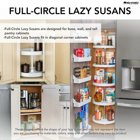 Full Circle Lazy Susan display in kitchen cabinets, showcasing storage solutions for pots, pans, and pantry items. Top Shelf 20 Inch Double Lazy Susan For Upper Corner Kitchen Cabinets, White Plastic Two Tier Turntable Shelf That Spins Smooth To Store Pots Pans Dishes And Pantry Gear Without The Sweat.