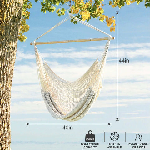Caribbean Hammock Chair With 40-Inch Hardwood Spreader Bar And Soft-Spun Cotton Rope, Indoor Outdoor Chill Lounger under tree