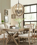 Dining room with Six Light Orb Farmhouse Chandelier In Brown Wood Globe Handcrafted Solid Wood Light Fixture, 20 Inch Diameter Cozy Rustic Vibe