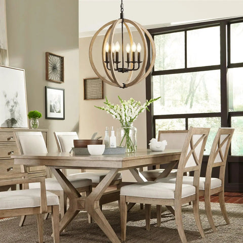 Dining room with Six Light Orb Farmhouse Chandelier In Brown Wood Globe Handcrafted Solid Wood Light Fixture, 20 Inch Diameter Cozy Rustic Vibe