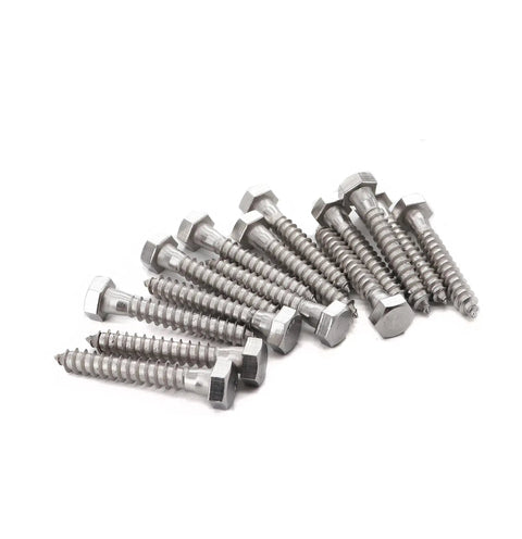 Rock Solid Stainless Steel Lag Screws And Bolts 20 Pack 3/8 Inch By 2-1/2 Inch Hex Head Fasteners laying in a pile.