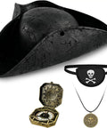 Top Shelf Black Renaissance Pirate Tricorn Hat Set With Distressed Faux Leather Finish Including Realistic Eye Mask Chain Necklace And Antique Style Brass Compass displayed with hat, mask, and compass.