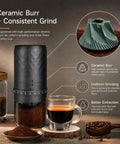 Portable Electric Burr Coffee Grinder Built To Last With Slick Steel Burrs Rechargeable 1800 MAH Battery Drops In Forty Settings Straight Fire Grinds For Espresso Cold Brew Or Just A Daily Hit with ceramic burr technology and espresso ready.