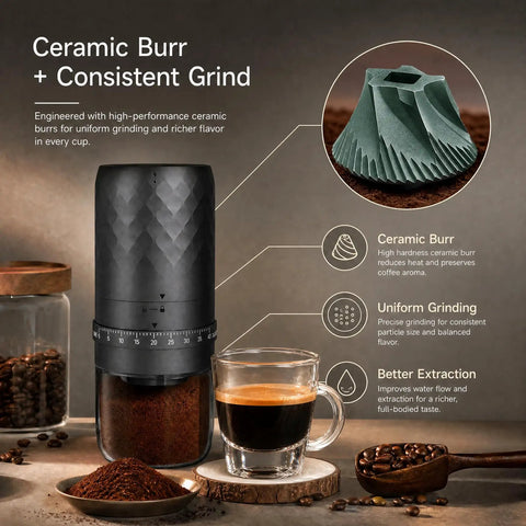 Portable Electric Burr Coffee Grinder Built To Last With Slick Steel Burrs Rechargeable 1800 MAH Battery Drops In Forty Settings Straight Fire Grinds For Espresso Cold Brew Or Just A Daily Hit with ceramic burr technology and espresso ready.