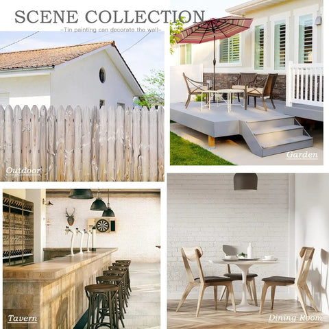 Collage of outdoor, garden, tavern, and dining room scenes for Safety First Eye Protection Required Metal Tin Sign decor