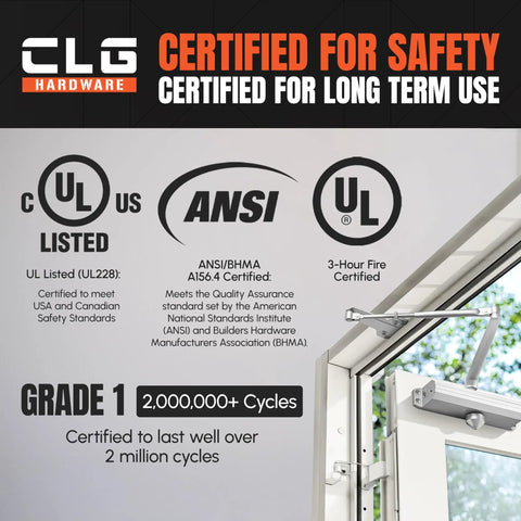 Image of Built Tough Heavy Duty Commercial Door Closer DC7016 Surface Mounted, UL and ANSI certified, shown on an aluminum door.