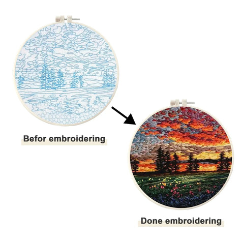 Beginner Embroidery Starter Kit With Pattern Pack And Hoop, All In One DIY Set For Adults, before and after embroidery comparison