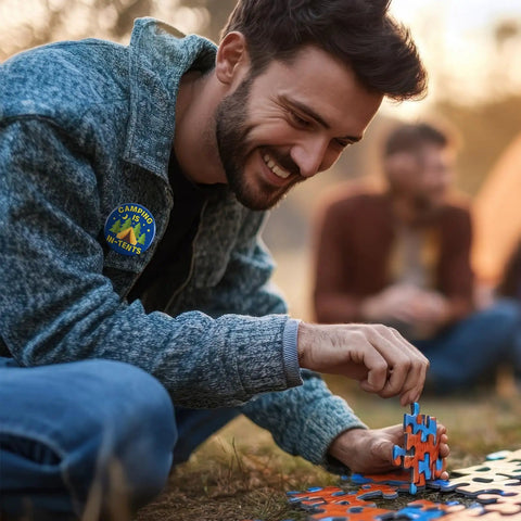 Man wearing 'Camping is In-Tents' pin from I Love Camp Pins For Kids 60 Pcs Outdoor Camping Button Accessories.