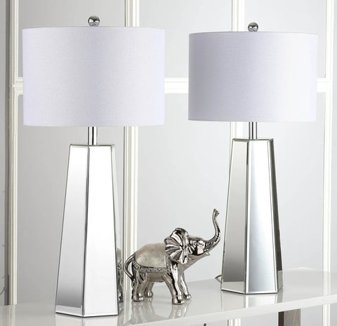 Janice Modern Art Deco Mirror Chrome 32 Inch Table Lamp Set Of 2 With Off White Cotton Shade LED Bulbs Included