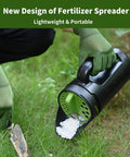 Handheld Lawn And Garden Seed Spreader For Fertilizer Grass Seed Salt Ice Melt Up To 80 Oz Capacity with user spreading on lawn