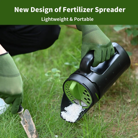 Handheld Lawn And Garden Seed Spreader For Fertilizer Grass Seed Salt Ice Melt Up To 80 Oz Capacity with user spreading on lawn