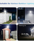 Built Tough Heavy Duty Solar Outdoor Flood Lights With Smart Motion Sensor And Dusk To Dawn Automatic Activation And Ultra Bright IP66 Waterproof Wireless Security Spotlights For Backyard Gate Driveway illuminating various outdoor spaces at night.