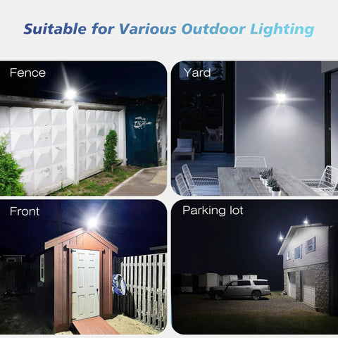 Built Tough Heavy Duty Solar Outdoor Flood Lights With Smart Motion Sensor And Dusk To Dawn Automatic Activation And Ultra Bright IP66 Waterproof Wireless Security Spotlights For Backyard Gate Driveway illuminating various outdoor spaces at night.