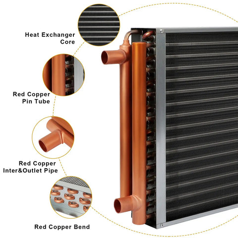 16x18 Water To Air Heat Exchanger For Forced Air Heating With 1 Inch Copper Ports Hot Water Coil, showing copper tubes and fins.