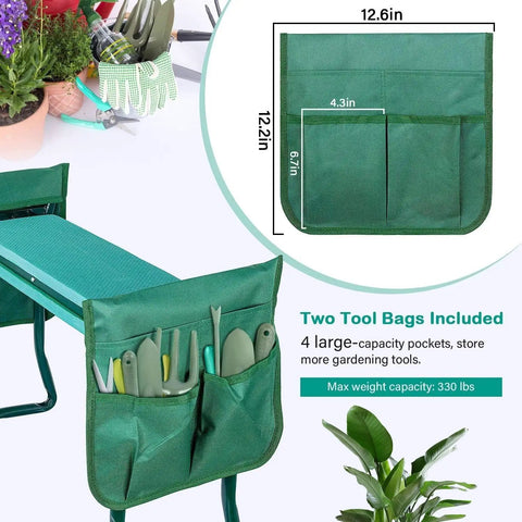 Garden Kneeler And Seat With Soft EVA Foam Pad And Heavy Duty Steel Frame Holds Up To 330 Lbs Foldable Kneeling Bench With Two Tool Pouches For Gardening Fishing Camping Green Arbor Day Gift