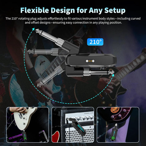 Wireless Guitar System With Charging Case For Electric Guitar And Bass Two Point Four GHz Transmitter And Receiver Low Latency HD Audio 60 Hour Battery Four Channel Plug And Play For Stage Studio And Home Practice showing flexible 210-degree rotating plug design.
