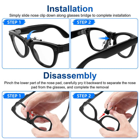 Installation and removal steps for Silicone Nose Pads For RayBan Meta Wayfarer Gen 1 2 ClipOn Anti Slip Eyewear Nose Holder.