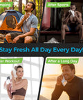 People using XL Camping Body Wipes No Rinse For Outdoors during various activities like camping, sports, and after workouts.