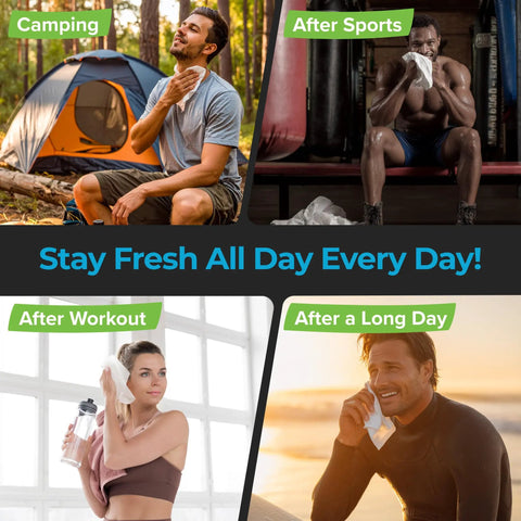 People using XL Camping Body Wipes No Rinse For Outdoors during various activities like camping, sports, and after workouts.