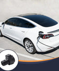 Hella Secure Tesla Charger Lock For J1772 Adapter Non Flange Compatible With Model 3 Y S And X Plus Years Two Pack Black heat resistant lock attached to Tesla Model 3 during charging.