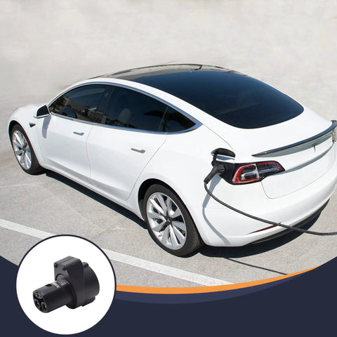 Hella Secure Tesla Charger Lock For J1772 Adapter Non Flange Compatible With Model 3 Y S And X Plus Years Two Pack Black heat resistant lock attached to Tesla Model 3 during charging.