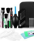 Camera lens cleaning kit (Amazon) with blower, lens pen, brushes, swabs, dust-free cloths, lens tissue, and zip case.