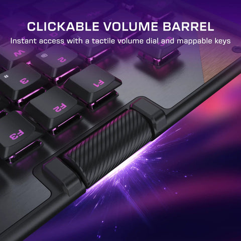 Full Size Mechanical PC Gaming Keyboard With Command Touch Display And Titan Switches For Rapid Macro Setup And Absolutely Lit Zero Lag Clutch Gameplay Ready featuring a clickable volume barrel and tactile keys.
