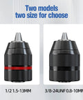 Front view of two black self-tightening keyless drill chucks, 1/2 1.5-13MM, for Milwaukee M18 drills, alloy steel.