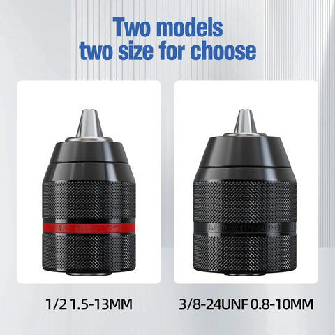 Front view of two black self-tightening keyless drill chucks, 1/2 1.5-13MM, for Milwaukee M18 drills, alloy steel.