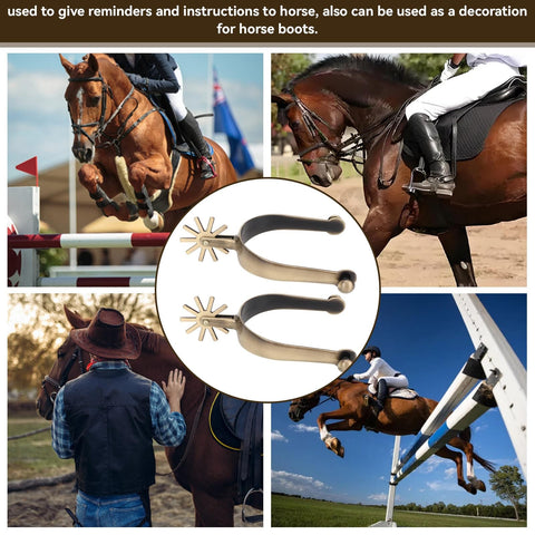 Rotatable Zinc Alloy Western Spurs With Gear Control System displayed with riding horses in various equestrian activities.