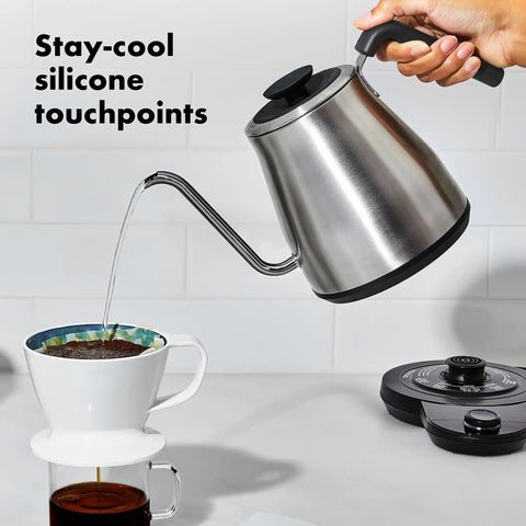 Gooseneck Electric Kettle For Pour Over Coffee And Tea With Dialed In Temperature In One Degree Increments From 104 To 212 Fahrenheit And 40 To 100 Celsius Built In Brew Timer Stainless Steel 1 Liter pouring coffee into a cup