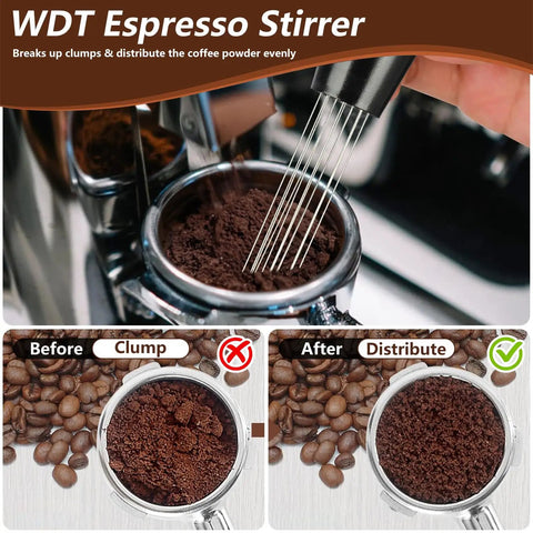 Close-up of WDT needle stirrer from All In One 7 Piece Espresso Accessories Kit For Home Baristas Includes 54mm Espresso Tamper WDT Needle Stirrer