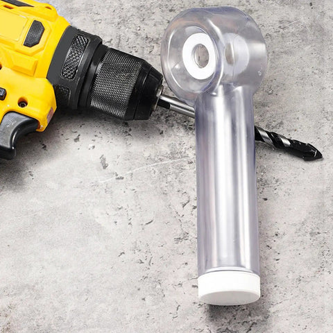 Hole Saw Drill Dust Catcher Attachment With Clear Viewing Window caps attached to a drill, designed to trap airborne debris during woodworking.