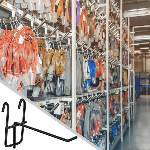 Close-up of a black 4 Inch Grid Wall Hooks Set 25 Pcs Stainless Steel Grid Panel Hangers for organizing tools in a garage