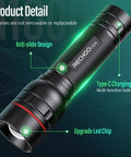 Rechargeable High Lumens Tactical Flashlight Two Pack G1000 shown with Type-C port and anti-slide design features