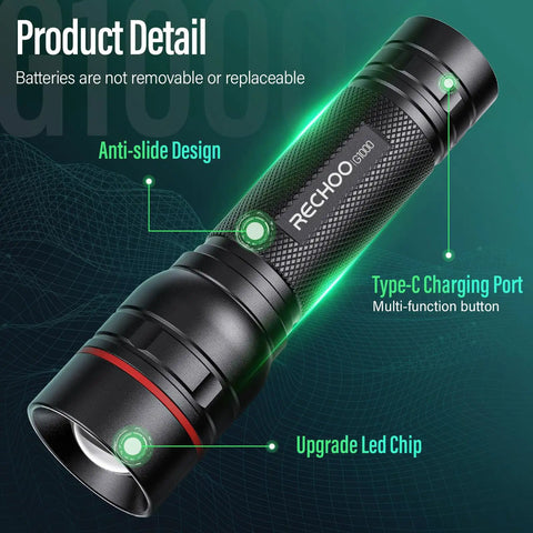 Rechargeable High Lumens Tactical Flashlight Two Pack G1000 shown with Type-C port and anti-slide design features