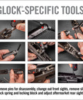 Top Shelf 4 In 1 Glock Armorer Multi Tool For Pistol Care with hands using tools for sight and lock adjustments.