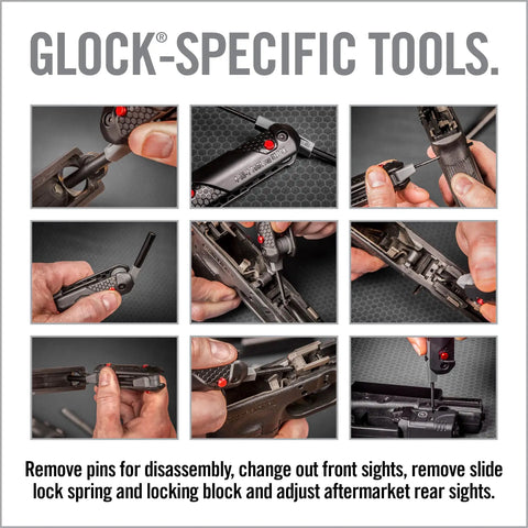Top Shelf 4 In 1 Glock Armorer Multi Tool For Pistol Care with hands using tools for sight and lock adjustments.