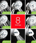 Handheld AquaCare shower head with 8 settings; chrome finish and 6 ft stainless hose