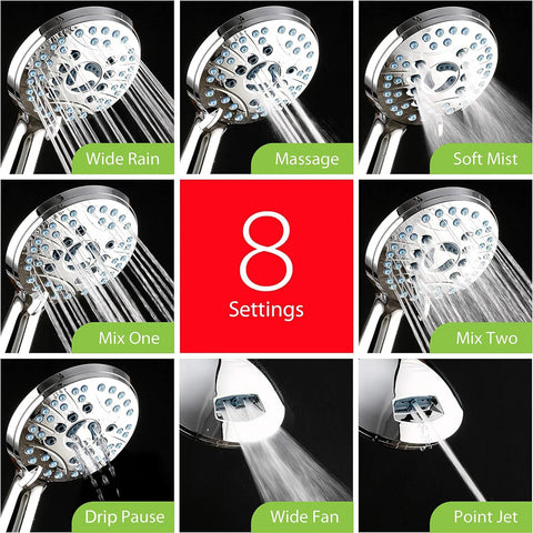 Handheld AquaCare shower head with 8 settings; chrome finish and 6 ft stainless hose