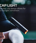 Pocket Power 500 Lumen Flashlight With Dual Modes Compact Rechargeable COB Work Light attached to cap with steel clip