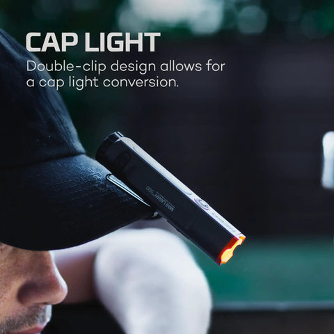 Pocket Power 500 Lumen Flashlight With Dual Modes Compact Rechargeable COB Work Light attached to cap with steel clip