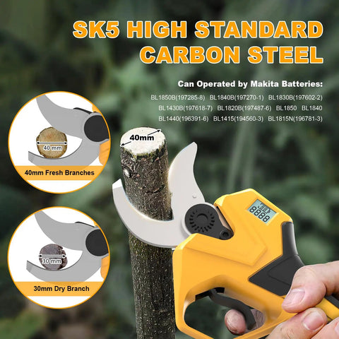Electric Pruning Shears For Gardening With Battery Power, 2.4 Inch Opening, cutting fresh branch with LCD display