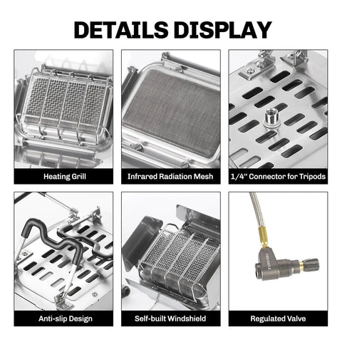 Close-up of Sunflower X 2 In 1 Camping Heater And Stove features, including heating grill, infrared mesh, and regulated valve.